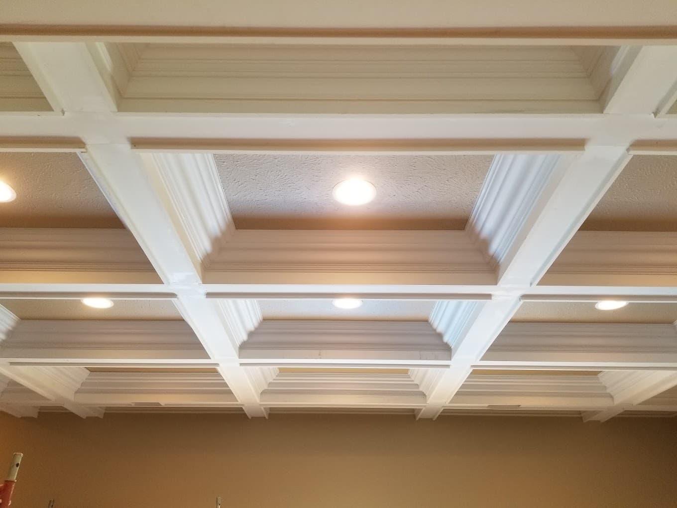 White coffered ceiling with recessed lighting built by Estepp & Son